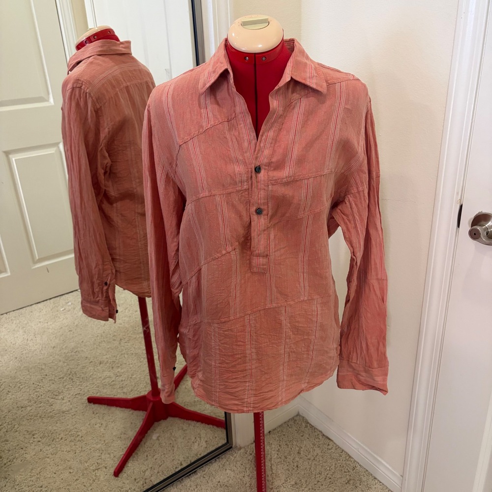 Kenneth Cole New York Womens Coral Pink Striped Linen Blend Henley Shirt Small